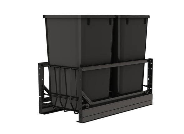 Aluminum Double Black 27 Qt. Pullout Waste Container w/ Soft-Close for 15" Base Cabinets by Rev-A-Shelf Aluminum Double Black 27 Qt. Pullout Waste Container w/ Soft-Close for 15" Base Cabinets by Rev-A-Shelf
