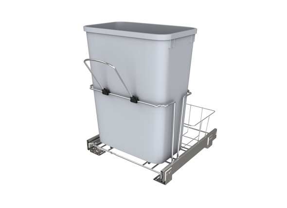 Chrome Steel Pullout Waste Container w/ Rear Basket Storage by Rev-A-Shelf Chrome Steel Pullout Waste Container w/ Rear Basket Storage by Rev-A-Shelf