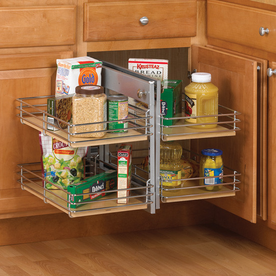 Frosted Nickel/Wood Left Corner Slide Out Base Blind 26-3/4 x 26-3/16 x 22-3/16