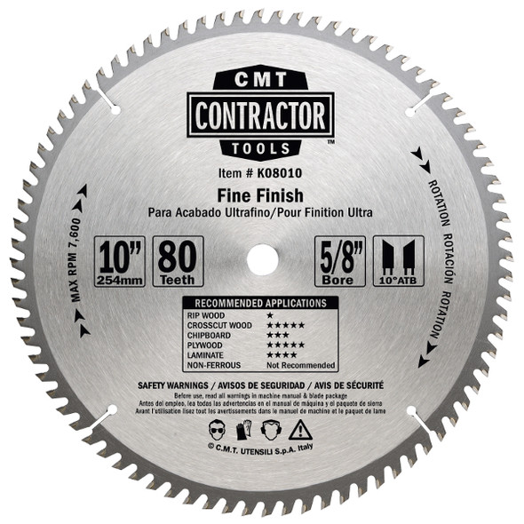 ITK Contractor Finishing Saw Blade, 10 X 80 Teeth, 10° ATB with 5/8-Inch Bore