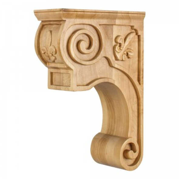 Hand-Carved Wood Corbel with Fleur-de-Lis and Scroll Detail Design 3-3/8" x 8" x 11-3/4", Rubberwood 