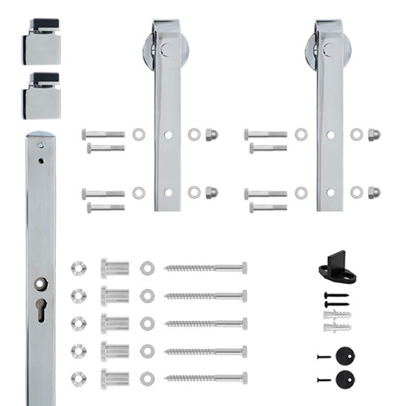 Designer's Collection Flat Rail Hook Strap Rolling Door Hardware Kit, Chrome