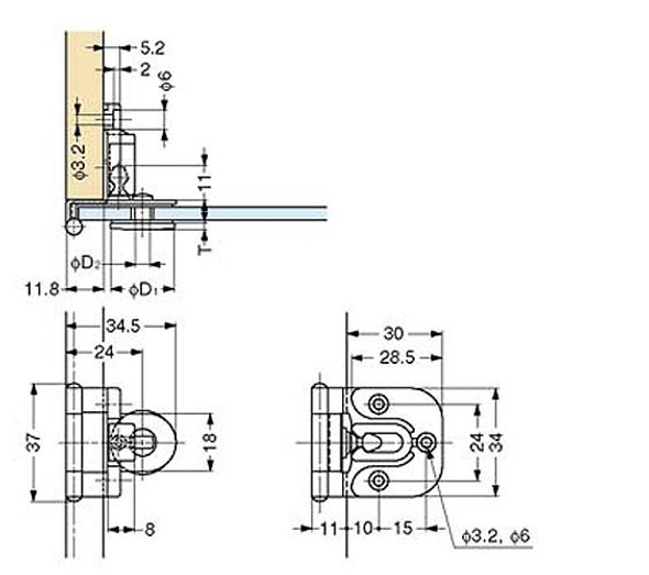 Half Overlay Glass Door Hinge w/Catch, Chrome