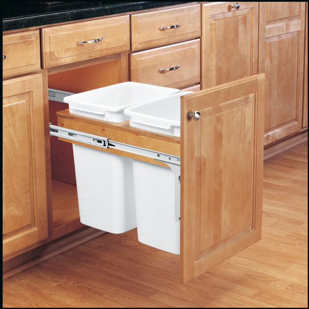 Double 35 Qt. Top Mount Wood Pull Out Containers 1.5" Face Frame