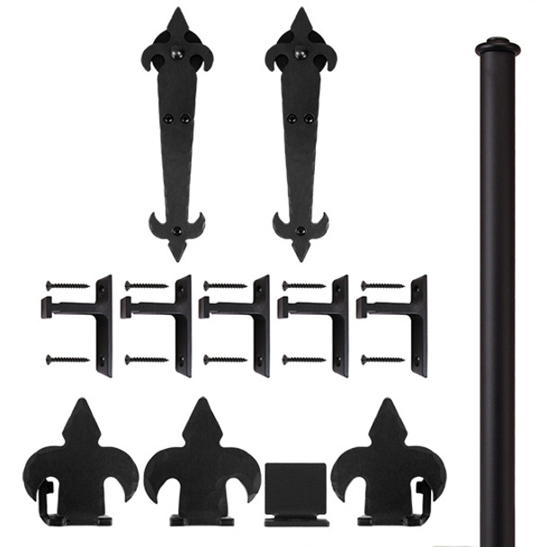 QG Rolling Door Fleur-de-Lis Hardware Kit, w/Long Brackets, Black