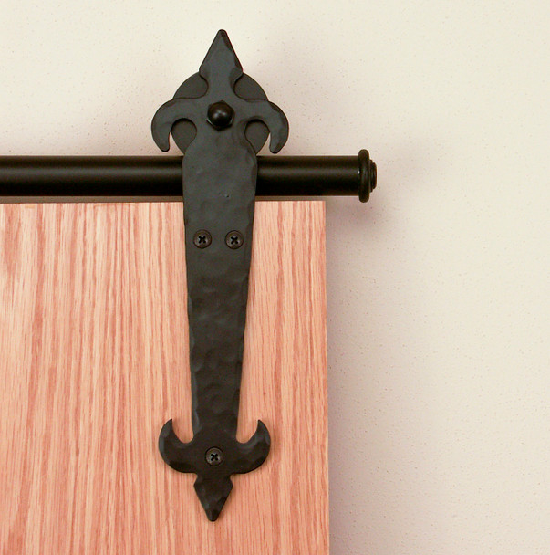 Hammered Fleur-de-Lis 6-Ft. Rolling Door Hardware Kit, w/Long Brackets, Black