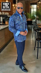 Ultramarine Blue, Royal Blue, Sky Blue, Turquoise, Orange & Cream paisley over Sky Blue