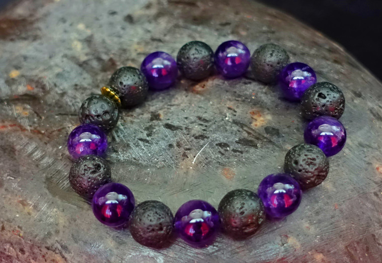 12 mm Genuine Amethyst and Lava Precious Gemstone Beads 