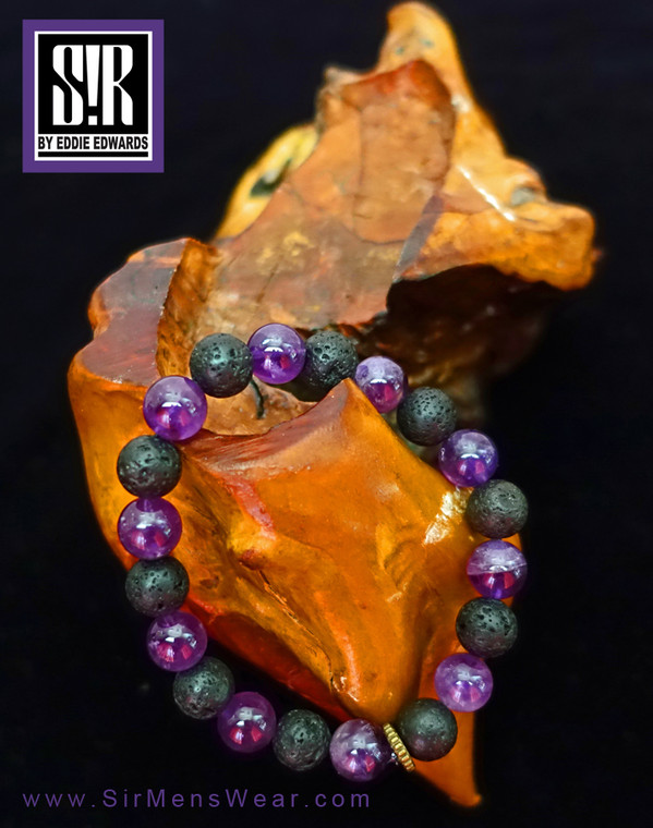 10 mm Genuine Amethyst and Lava Precious Gemstone Beads