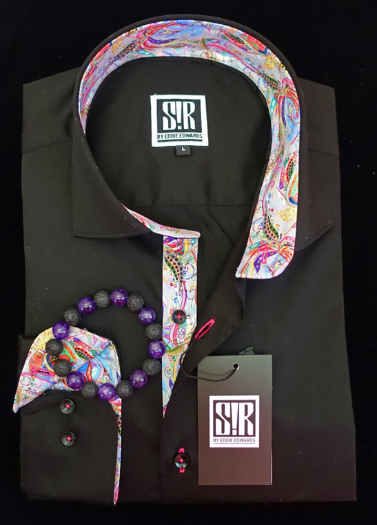 Luxuriously silky 100% cotton satin fabric accented with a multicolor fabric inside the cuffs, collar and inner placket.

Black comfort band around the inner base of the collar.

Black round buttons; Magenta button and buttonhole stitching.

Matching 10” pocket square included.

Fabric: 100% Cotton, ultra soft, comfortable, and breathable.

Collar: Mid Spread Collar with fine interlining to keep it sturdy and sharp.

Length: Looks great both tucked in and left out.

Fit: A flattering classic fit.