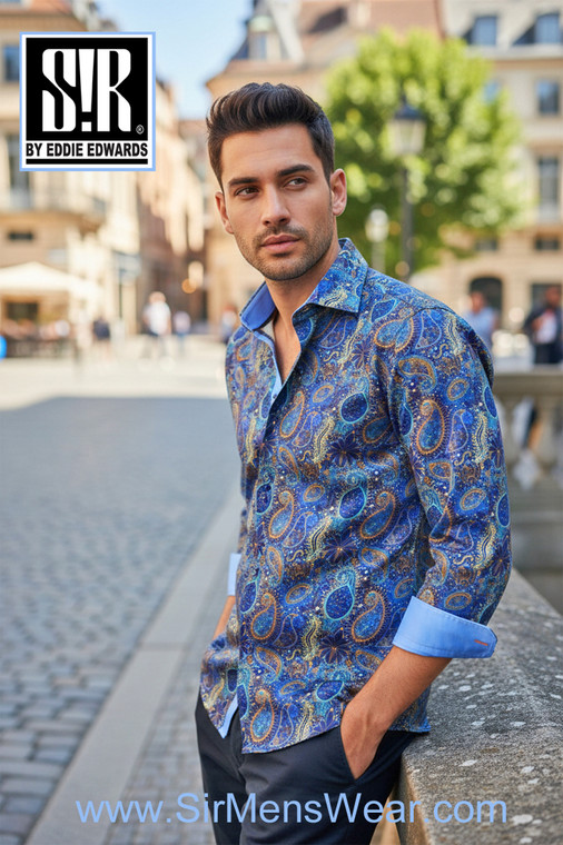 Ultramarine Blue, Royal Blue, Sky Blue, Turquoise, Orange & Cream paisley over Sky Blue