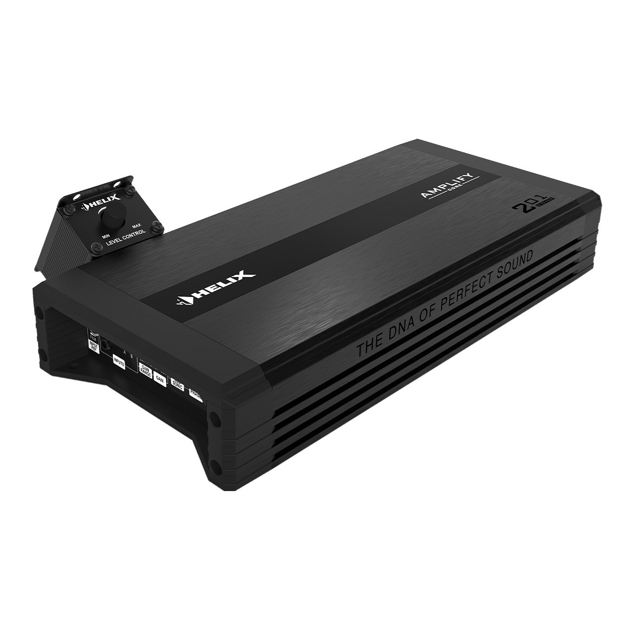 HELIX 201 X-Over — AMPLIFY mono amplifier with level remote, perspective view