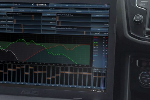 Helix DSP PC-Tool crossover and EQ session on the tuning laptop in the car
