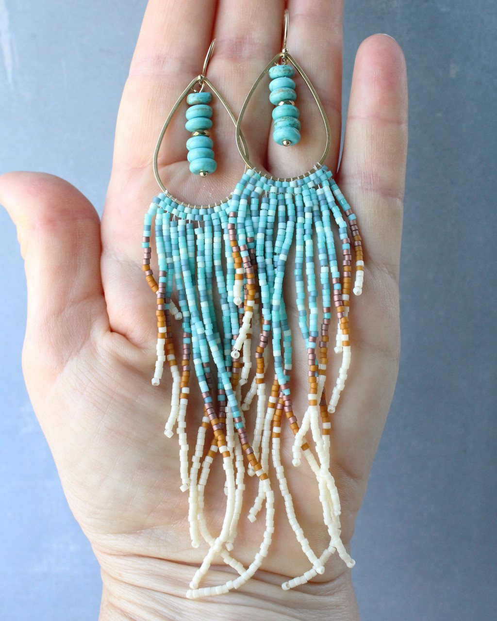 Fringed Harmony, Seed Bead Fringe Earrings -    earrings,  Turquoise seed bead, Beaded fringe