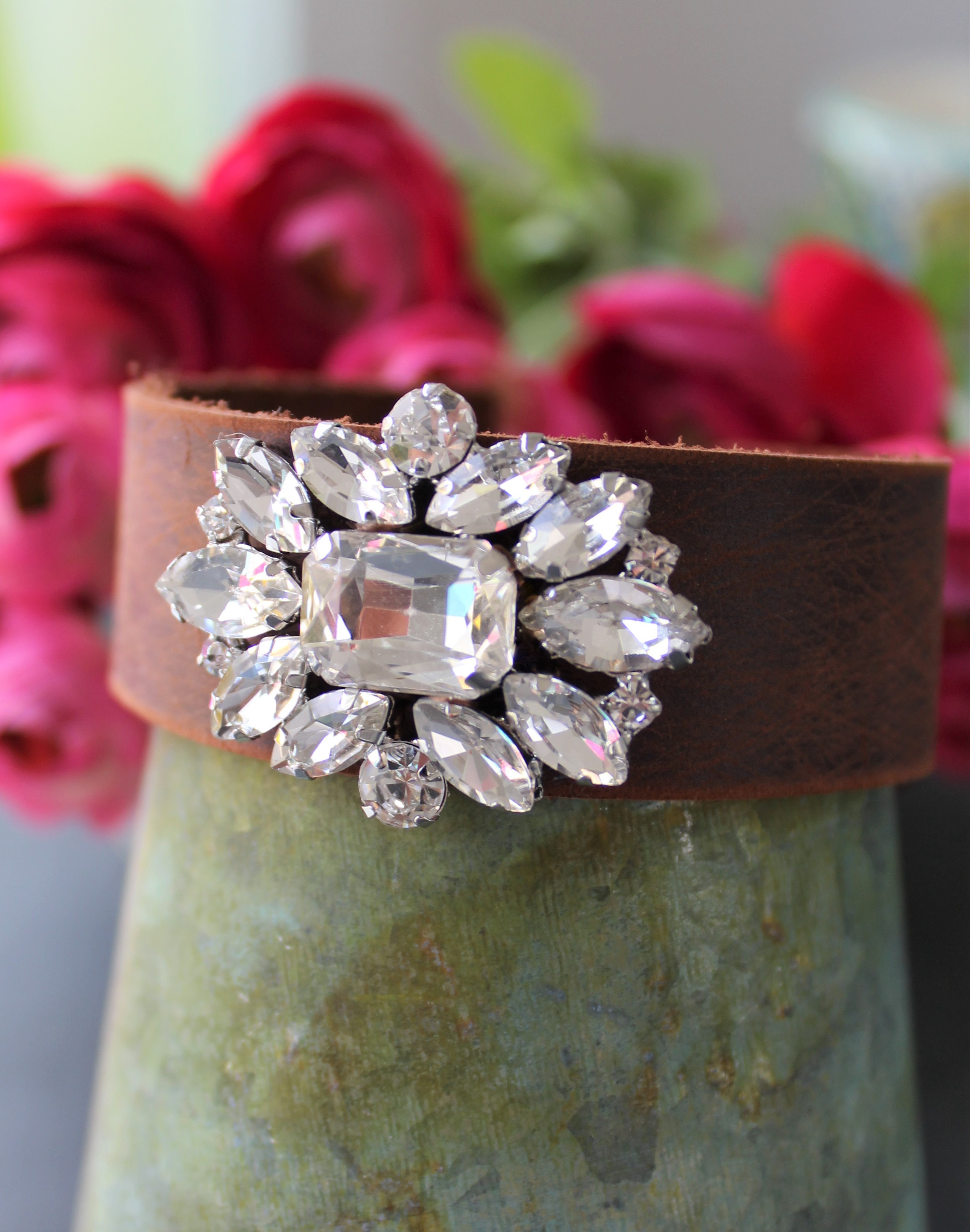 Repurposed Brooch Boho Chic Leather Cuff | Ever Designs Jewelry