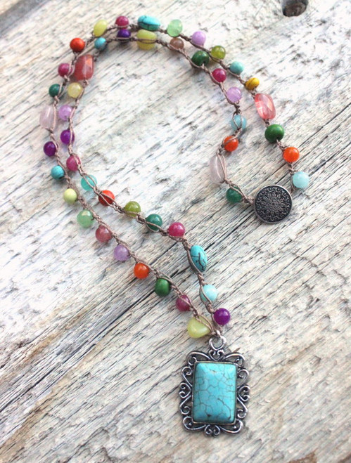 Multi-Color Bohemian Crocheted Necklace With Rectangular Turquoise Pendant