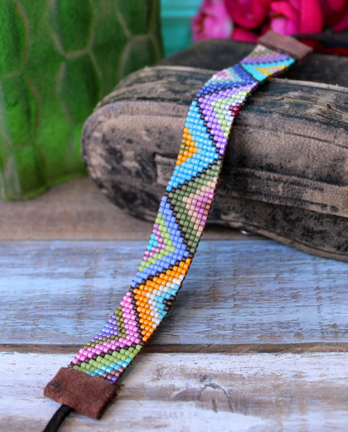 Hand Loomed Beaded Bracelet, colorful with zig zag chevron pattern bohemian boho chic handwoven artisan jewelry