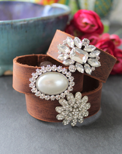 Repurposed Brooch Boho Chic Leather Cuff | Ever Designs Jewelry