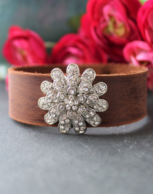 Rhinestone Flower Boho Chic Leather Cuff