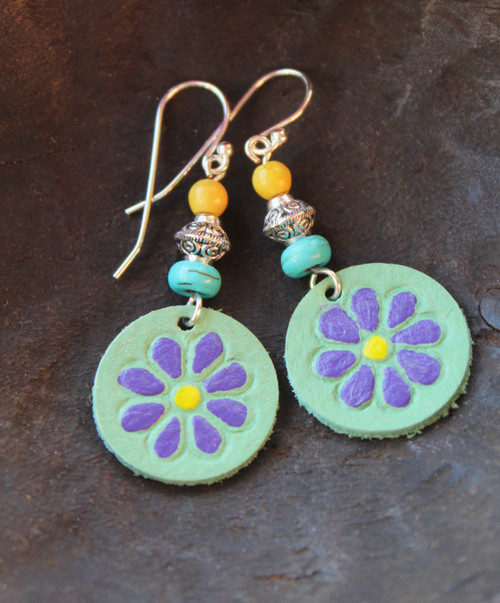 Hand-Painted Leather Earrings - Green/Purple/Yellow/Turquoise Flower