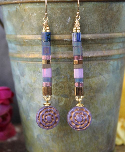 Raya Earrings - Tila Beaded Stripe Ombre Stick Long Gold Purple Flower Opium