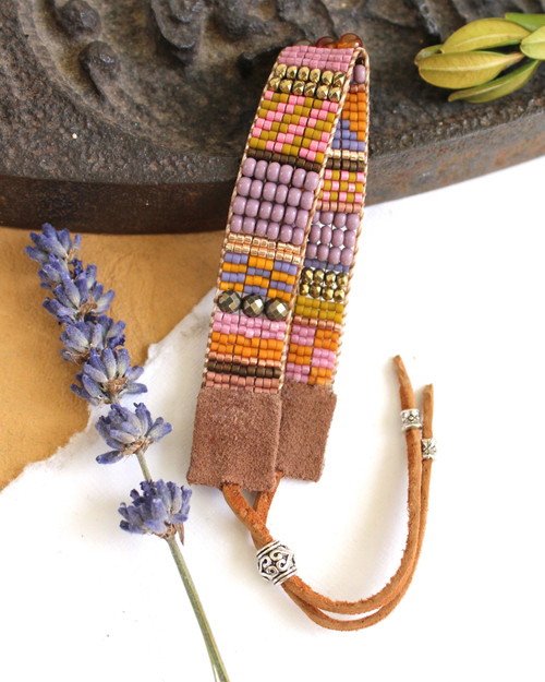 Mixed Gemstone Loomed Bracelet Honey Lavender Leather Orange Glass Beads Stones