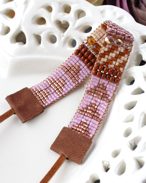 Copper Rose Bracelet Mixed Media glass seed beads czech pink tan copper gold hand loomed handwoven