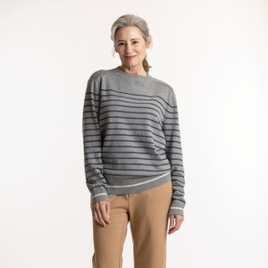 Front view of model wearing organic cotton classic crew sweater in color heather grey stripe Front view of model wearing organic cotton classic crew sweater in color heather grey stripe