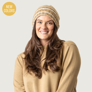 Close up of model wearing organic cotton chunky beanie in color khaki stripe Close up of model wearing organic cotton chunky beanie in color khaki stripe