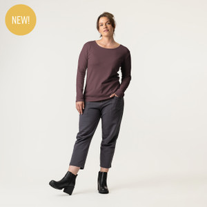Full body front view of model wearing organic cotton layering tee in color plum Full body front view of model wearing organic cotton layering tee in color plum