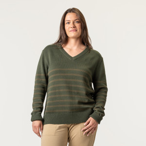 Front view of model wearing 100% Regenerative Organic Certified® Cotton V-Neck Sweater in color pine stripe. Front view of model wearing 100% Regenerative Organic Certified® Cotton V-Neck Sweater in color pine stripe.