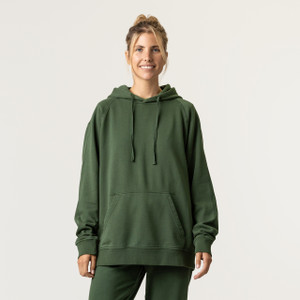 Front view of model wearing 100% Regenerative Organic Certified® Cotton Classic Hoodie in color pine. Front view of model wearing 100% Regenerative Organic Certified® Cotton Classic Hoodie in color pine.
