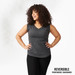 Person with shoulder length brown curly hair and dark skin wearing heather grey organic cotton sleeveless tank top with a V neckline. Text next to the person reads: reversible frontwards backwards.