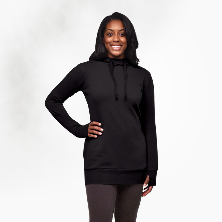 Model wearing black solid color organic cotton Fleece Pullover Hoodie