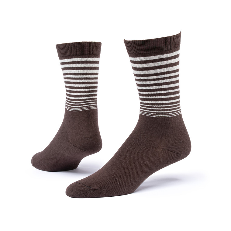 Photo of organic cotton trouser socks in color chocolate/natural stripes.