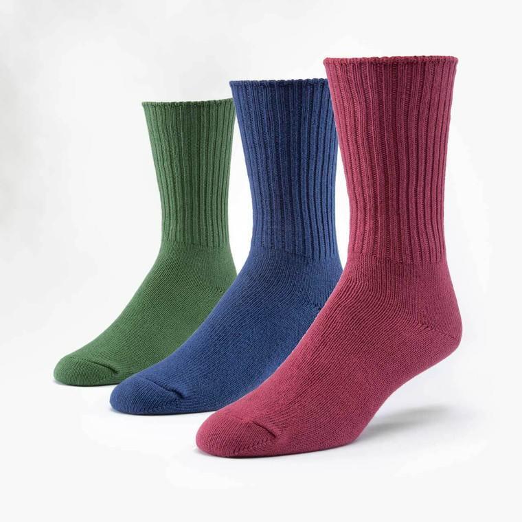 Raspberry, Navy, and Forest organic cotton classic crew socks. Pack of three.