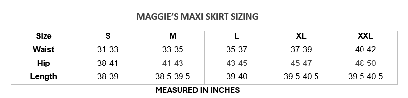 Size chart for Maggie's maxi skirts, detailing waist, hip, and length measurements in inches for sizes S to XXL.