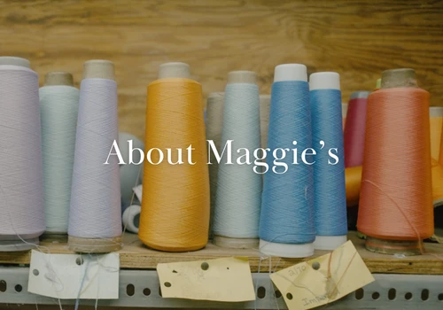 Image of yarn wound on cones with text overlay that reads "About Maggies"