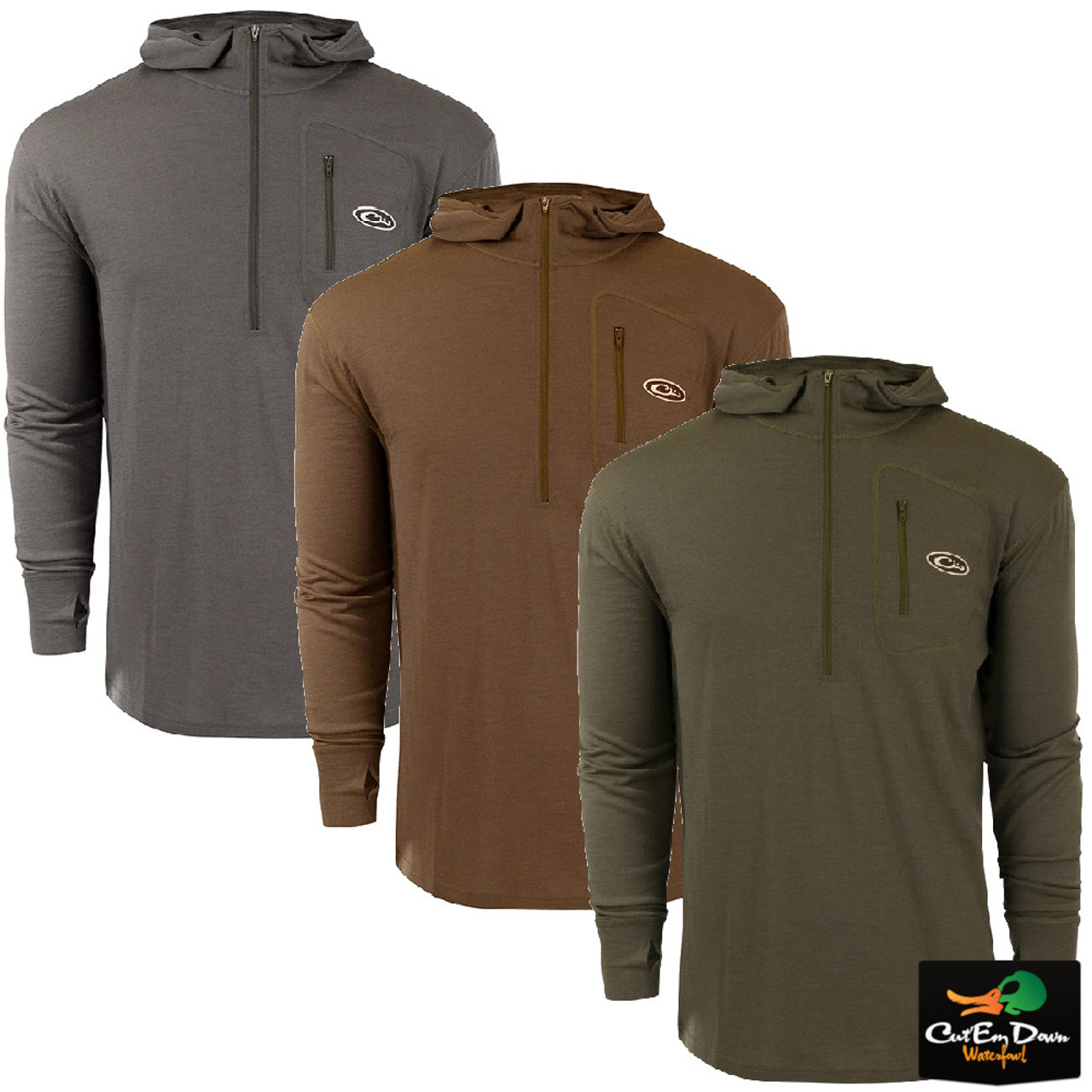 DRAKE WATERFOWL BASE LAYER TOP MERINO WOOL HALF ZIP WITH HOOD