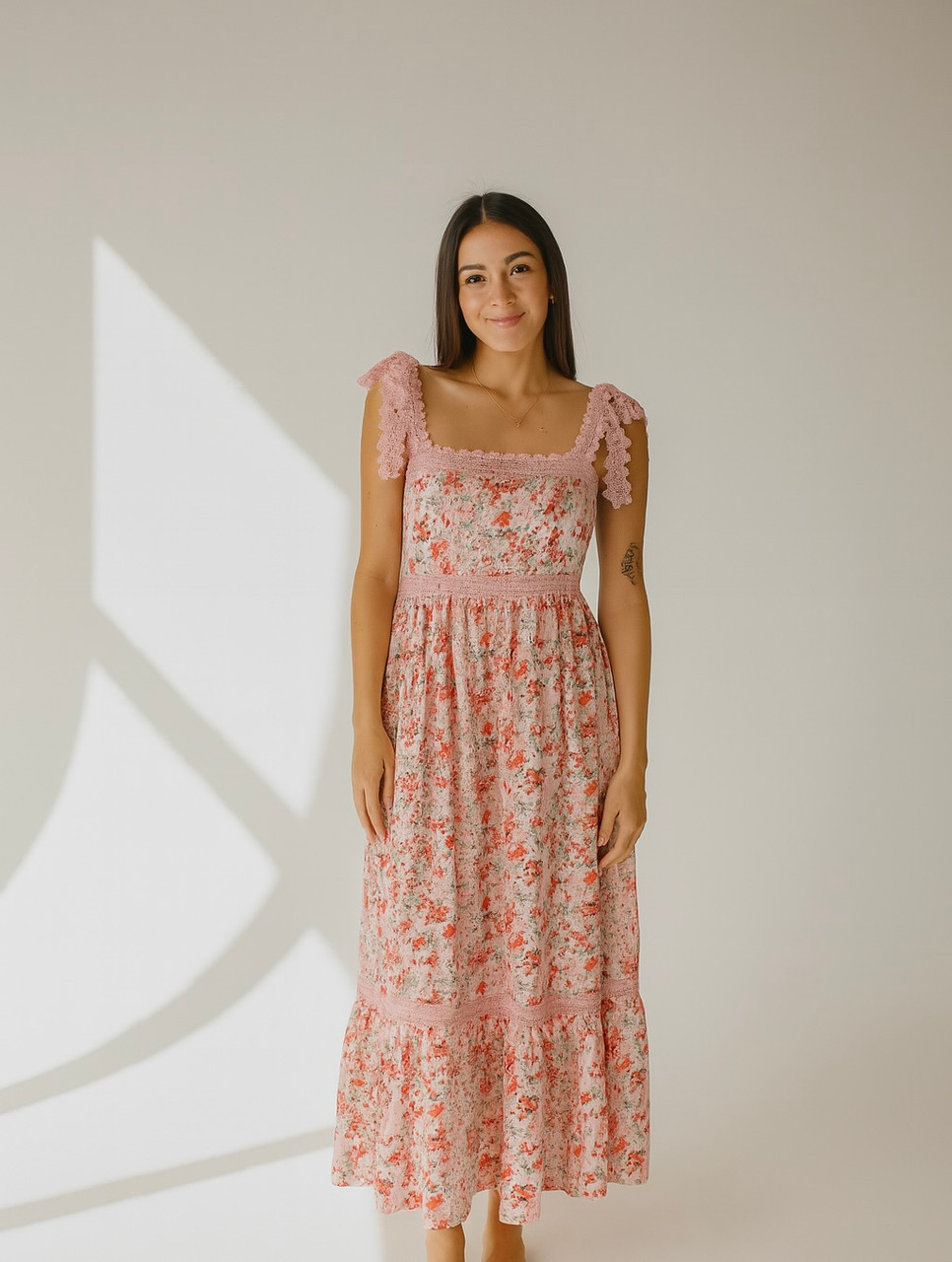 Pink Floral Tie Maxi Dress - Avenue J