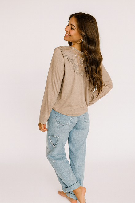 Lace Back Long Sleeve Top – Taupe