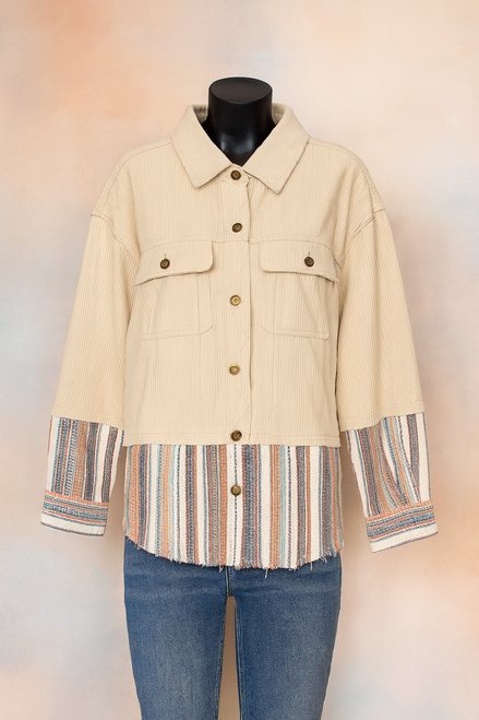 Women's Colorblock Corduroy & Striped Jacket – Button-Up Fall Layer