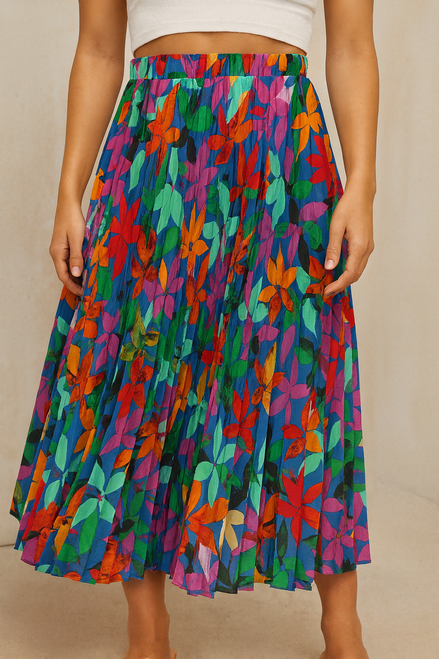 Vibrant Pleated Midi Skirt – Multicolor Abstract Floral Vibrant Pleated Midi Skirt – Multicolor Abstract Floral