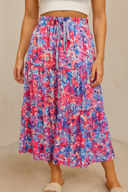 Tiered Drawstring Midi Skirt – Watercolor Floral Print Tiered Drawstring Midi Skirt – Watercolor Floral Print