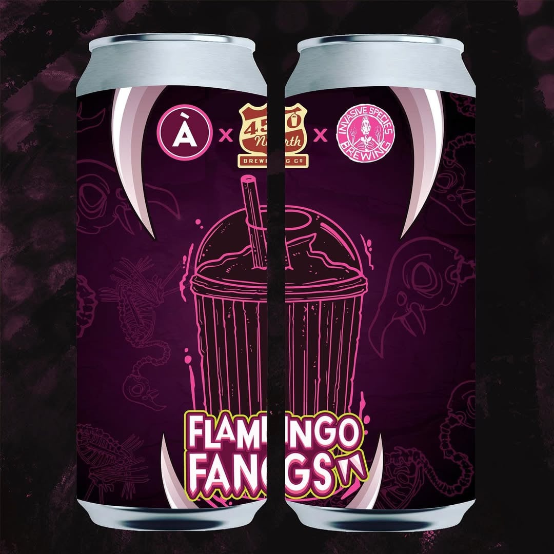 Flamingo Fangs. It’s a collab with @alacartmilk @invasivespeciesbrewing and is conditioned on Raspberry, Almonds & Vanilla!
HAS NUTS........