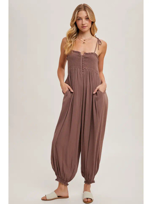 Gauze Smocked Button Front Shoulder Tie Jumpsuit