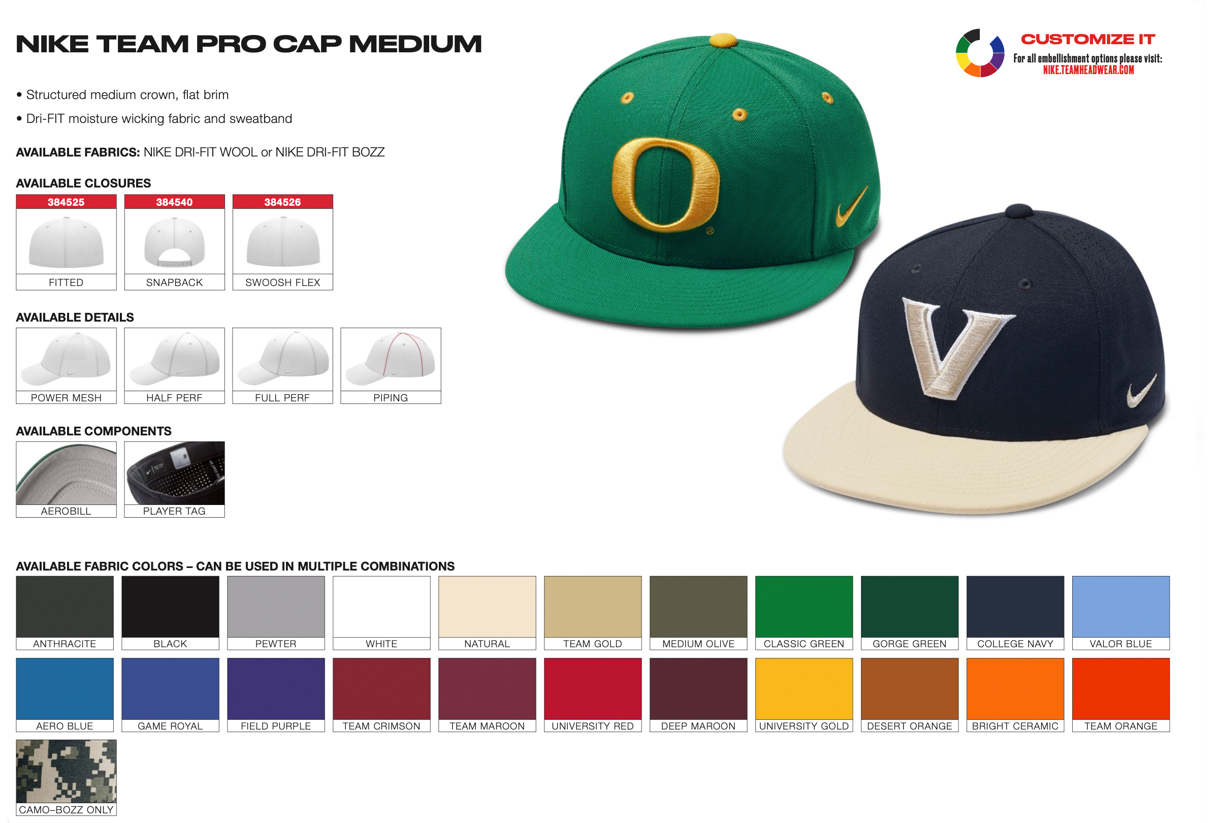 Custom Nike Pro Baseball Caps - Medium Crown Colors