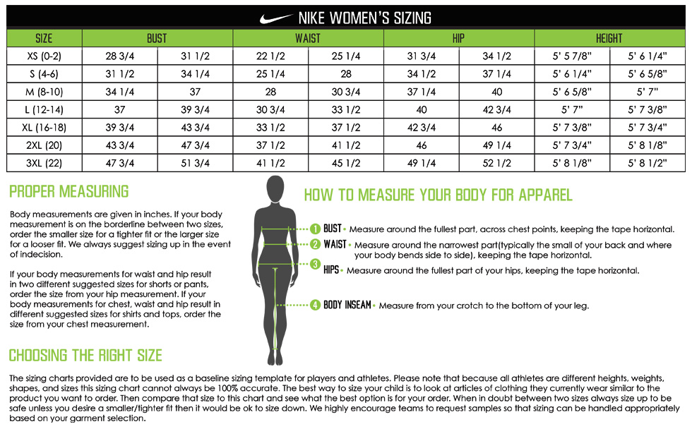 Nike Apparel Women's Sizing Chart