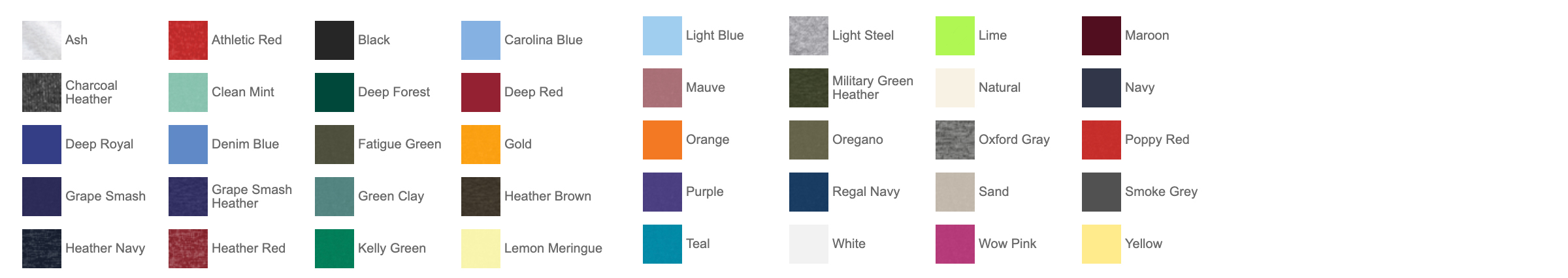 Custom Hanes Beefy-T Cotton T-Shirt Color CHart