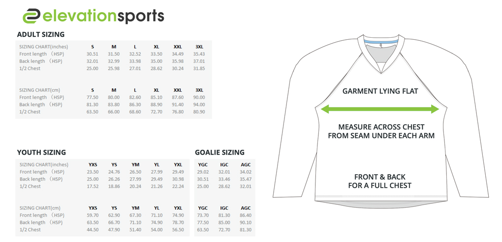 Elevation Custom Hockey Jerseys - Team Sizing Chart